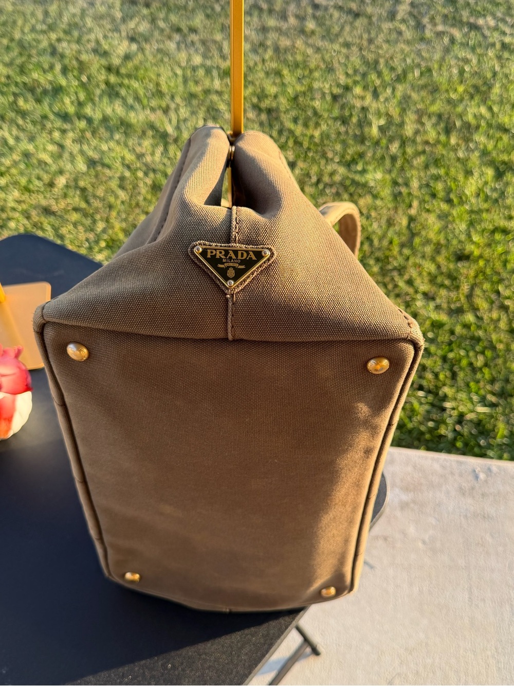 Prada taupe canvas tote with gold plaque - Picture 5 of 11